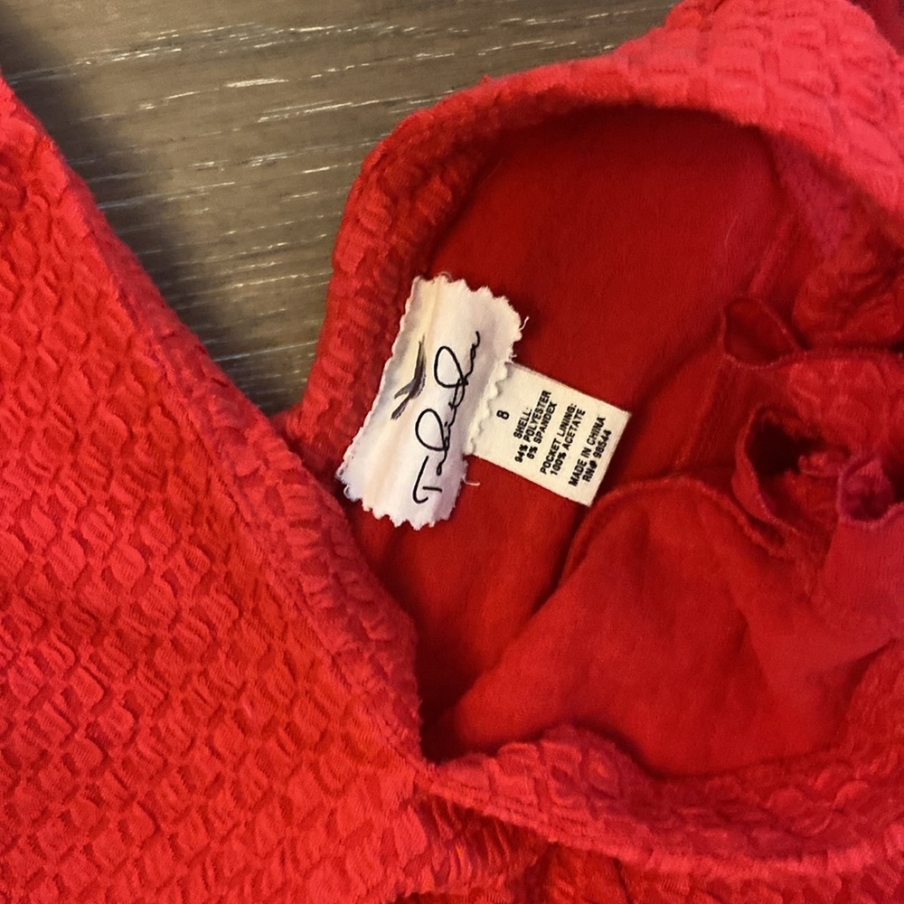 Anthropologie Tabitha Red Waffle Textured Ruffled Sleeve Pockets VNeck Dress 8 M - Picture 3 of 4